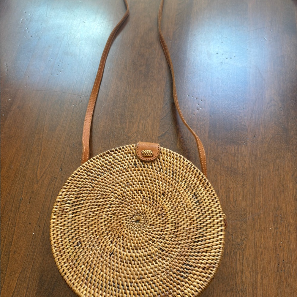 Round Woven Tan Crossbody Bag